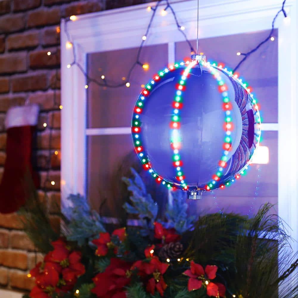 13 in. Tall Multi-Color LED Lights Alpine Hanging Christmas Ball Ornament, Silver