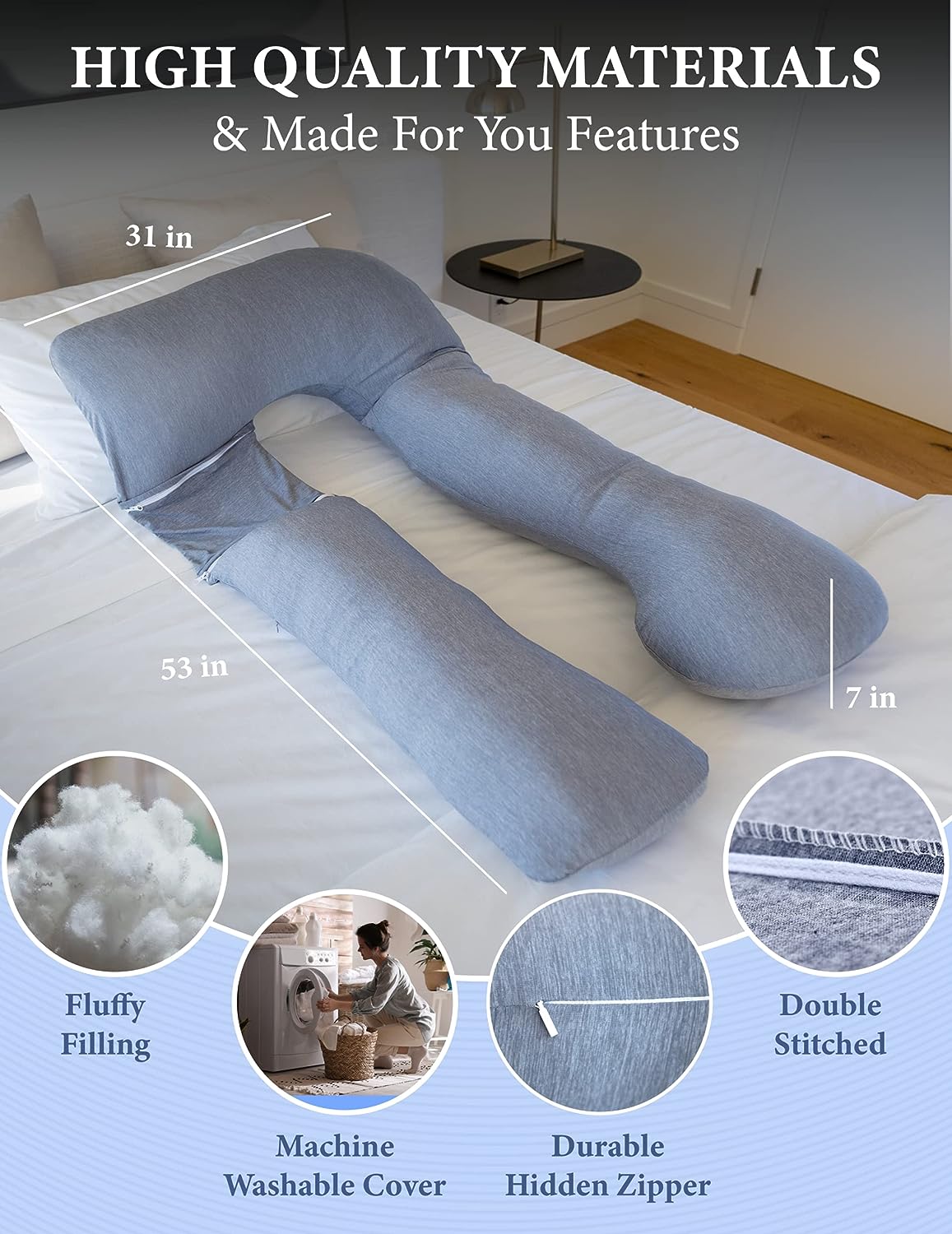 Pharmedoc Pregnancy Pillows, U-Shape Full Body Pillow – Cooling Cover Grey – Pregnancy Pillows for Sleeping – Body Pillows for Adults, Maternity Pillow and Pregnancy Must Haves