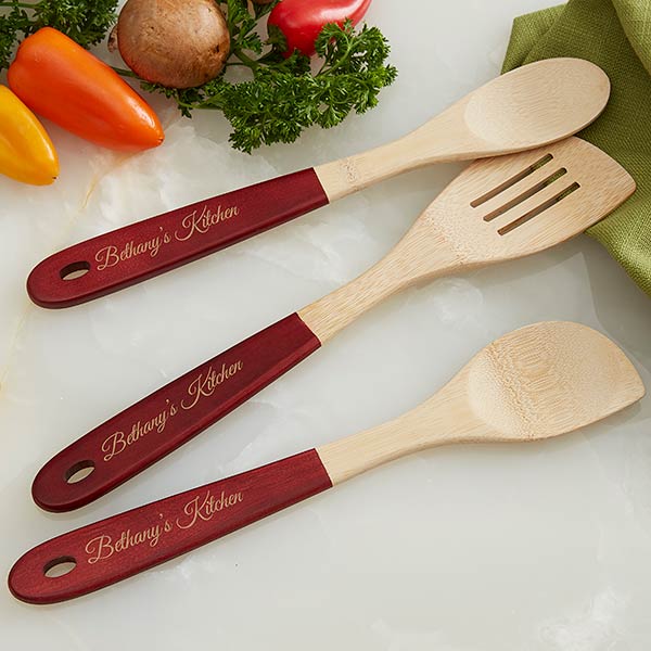 personalized red-handled bamboo cooking utensils- 3pc set