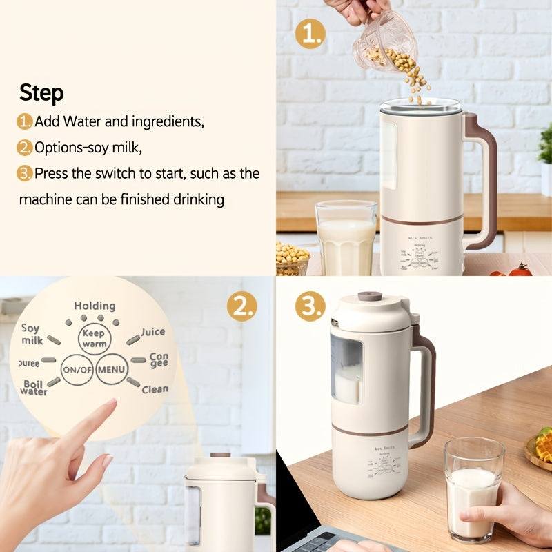 1000ml Portable Mini Soy Milk Maker with Filtering and Self-Cleaning - Perfect for 1-4 Person Households - Enjoy Fresh Soy Milk and Juices Anytime