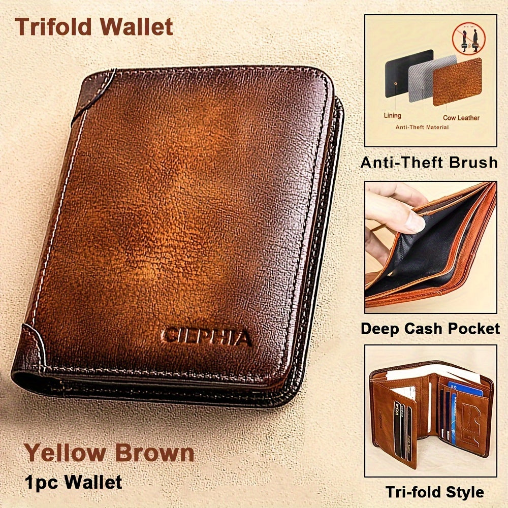 1pc Genuine Leather Rfid BlocWallets For Men, Retro Thin Short Multi-functional ID Credit Card Holder, Gifts To Men On Valentine's Day