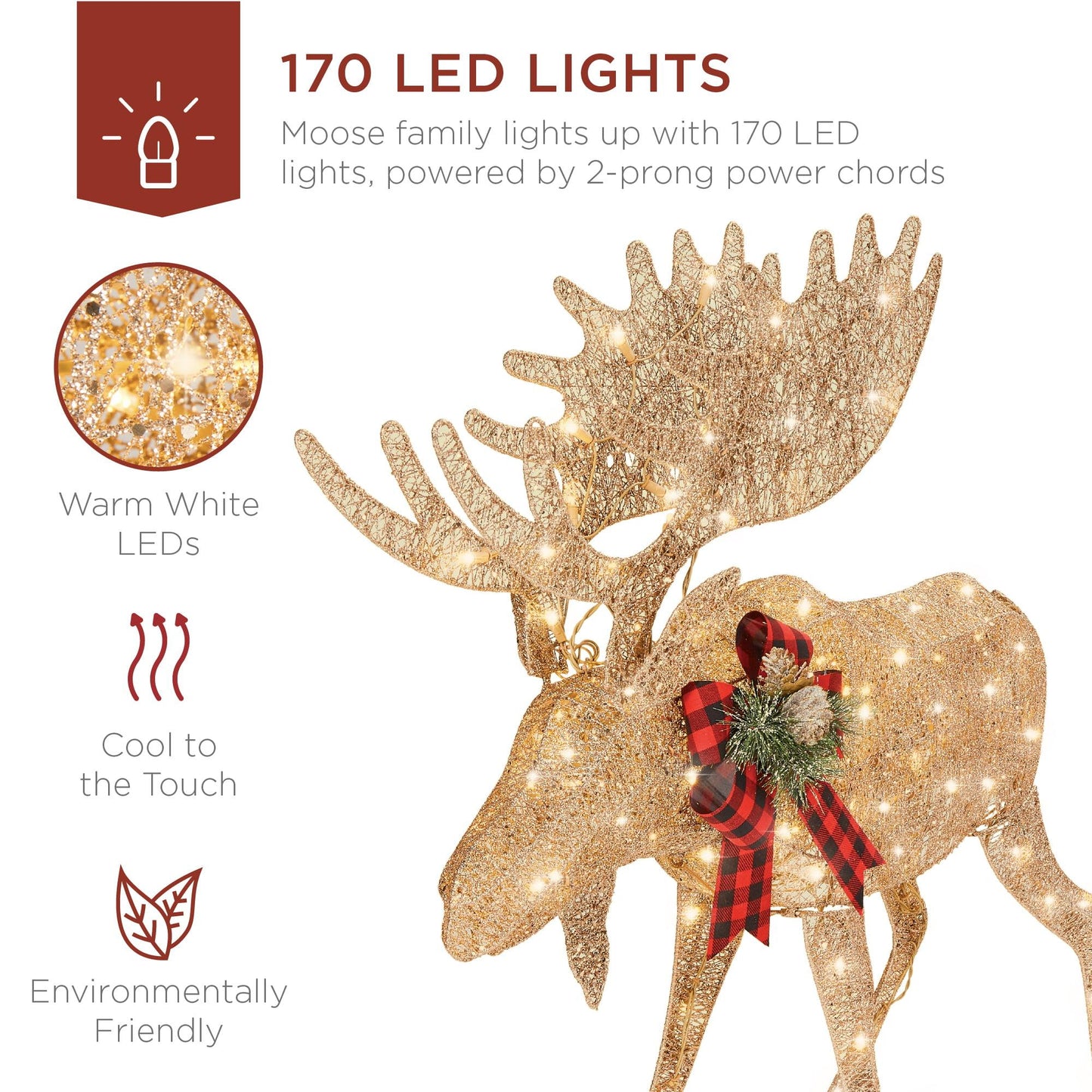 2-Piece Moose Family Lighted Christmas Yard Decoration Set w/ 170 LED Lights, Stakes, Zip Ties