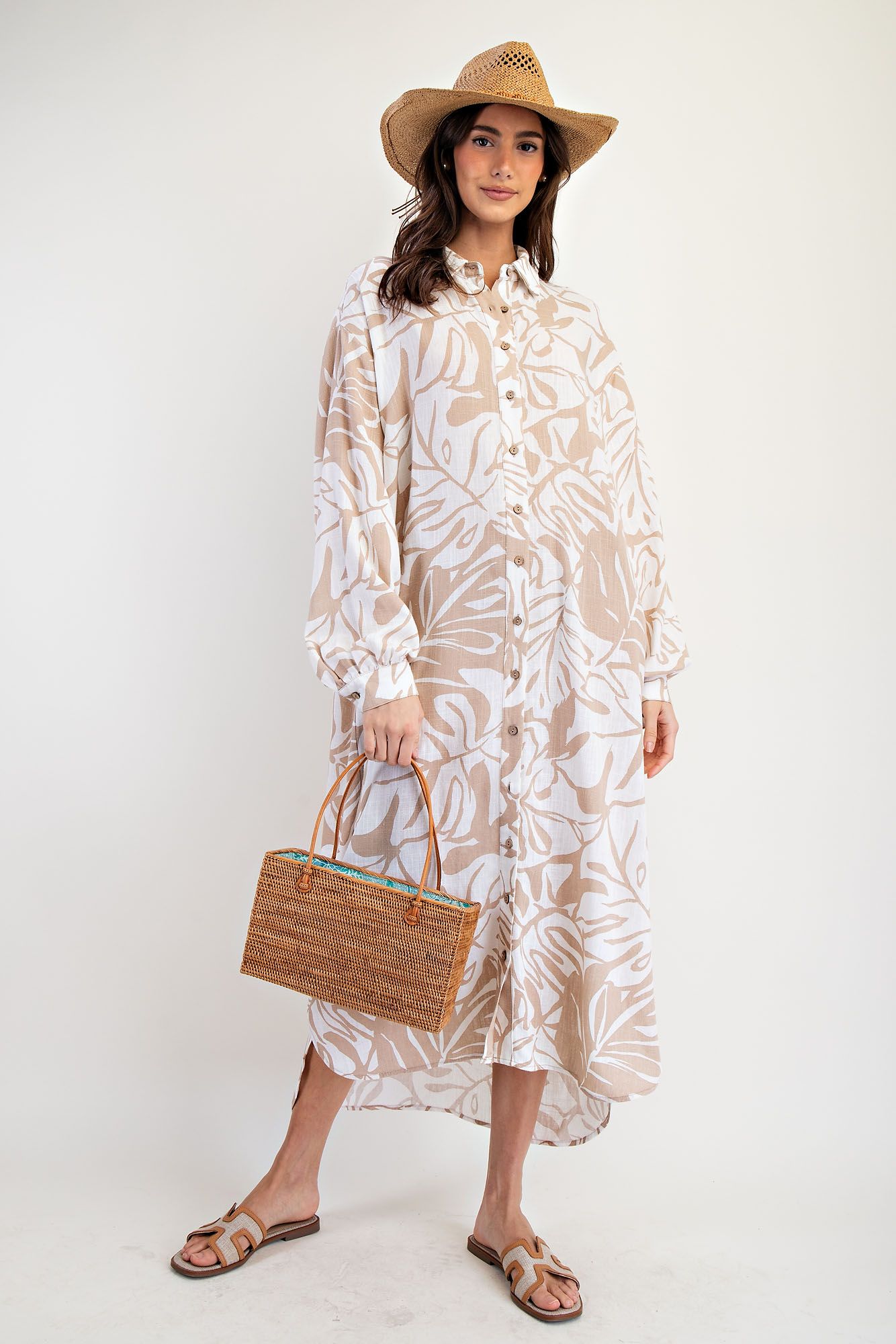 Leaf Print Button Down Dress in Khaki (REG)