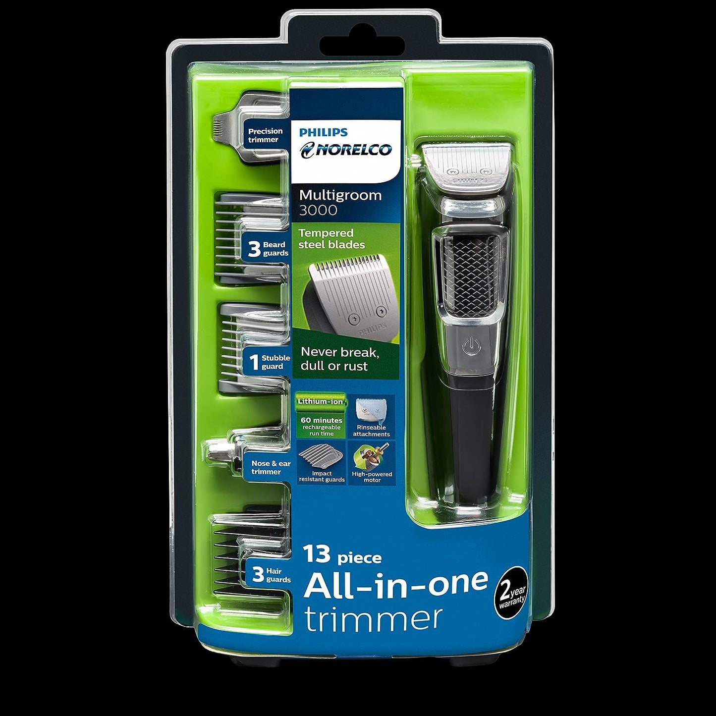 Philips Norelco Multigroomer All-in-One Trimmer Series 3000, 13 Piece Mens Grooming Kit, for Beard, Face, Nose, and Ear Hair Trimmer and Hair Clipper, NO Blade Oil Needed, MG3750/60