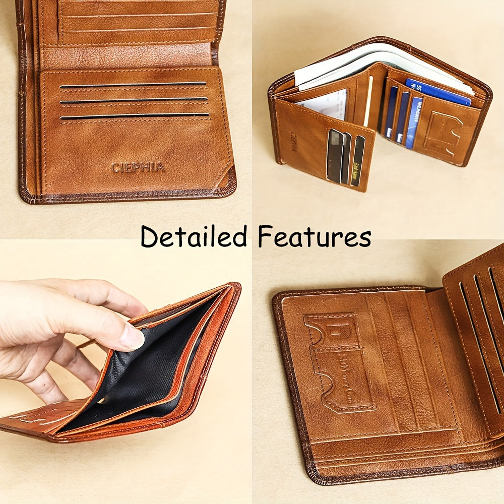 1pc Genuine Leather Rfid BlocWallets For Men, Retro Thin Short Multi-functional ID Credit Card Holder, Gifts To Men On Valentine's Day