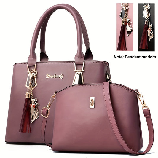 2pcs PU Leather Bag Set, Tassel Decor Handbag &amp; Crossbody Bag, Women's Office &amp; Work Purse