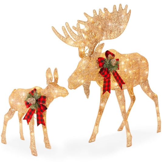 2-Piece Moose Family Lighted Christmas Yard Decoration Set w/ 170 LED Lights, Stakes, Zip Ties
