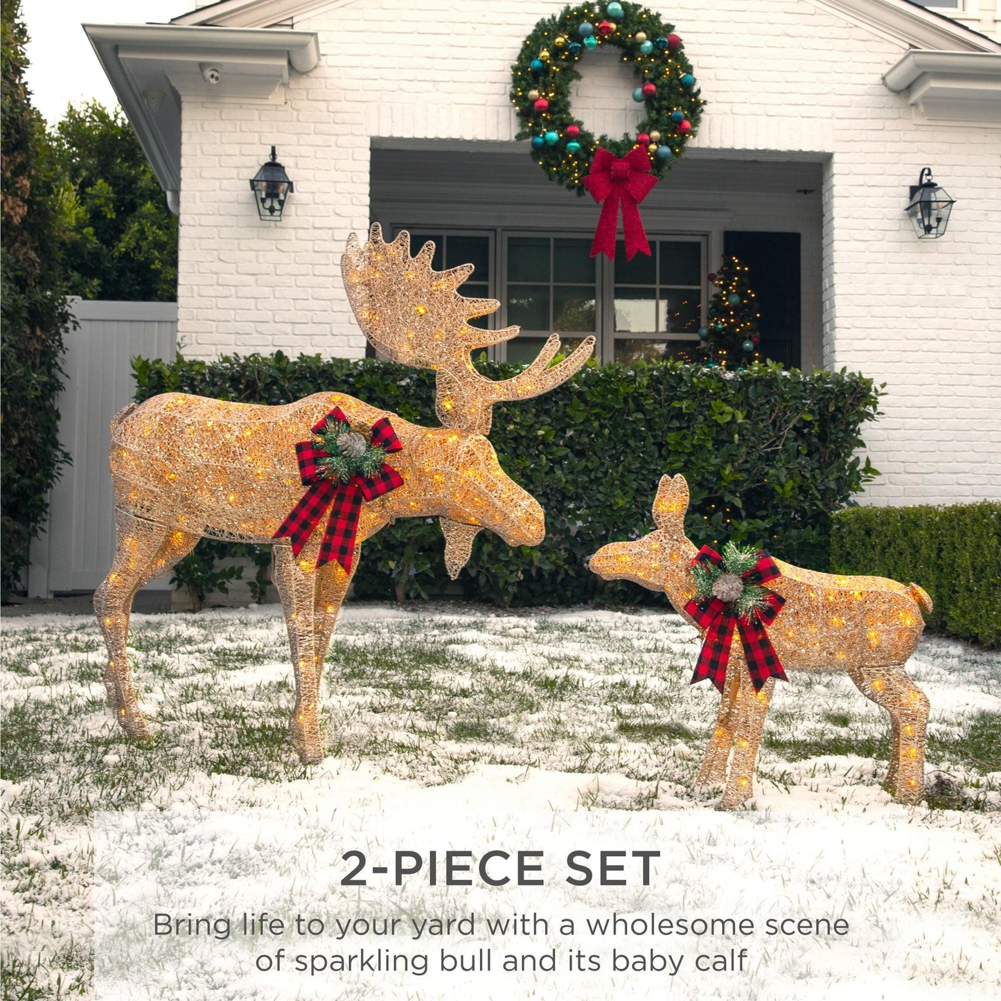 2-Piece Moose Family Lighted Christmas Yard Decoration Set w/ 170 LED Lights, Stakes, Zip Ties