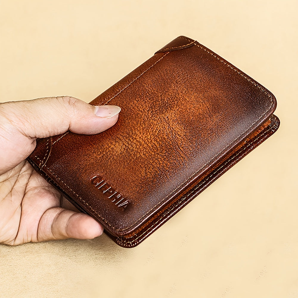 1pc Genuine Leather Rfid BlocWallets For Men, Retro Thin Short Multi-functional ID Credit Card Holder, Gifts To Men On Valentine's Day