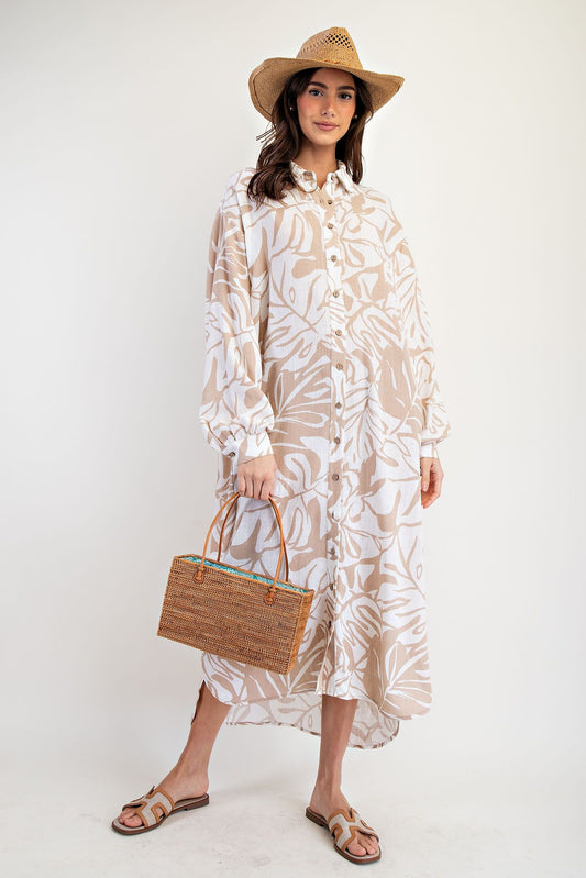 Leaf Print Button Down Dress in Khaki (REG)